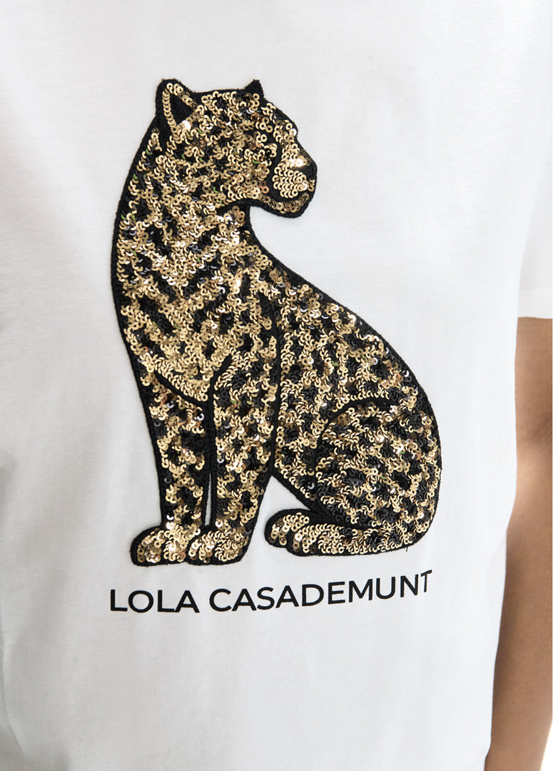 LOLA CASADEMUNT T-Shirt με Στρογγυλή Λαιμόκοψη και Λεοπάρ με Παγιέτες