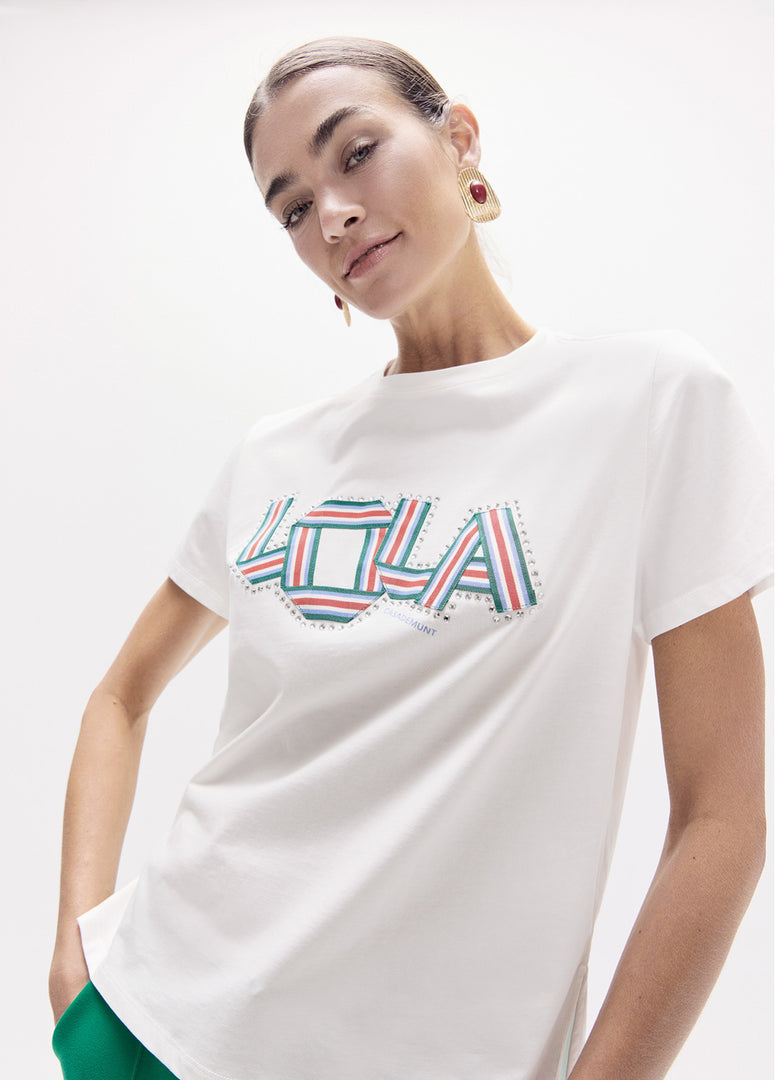 LOLA CASADEMUNT T-Shirt με Στρογγυλή Λαιμόκοψη και Crystal Λεπτομέρειες