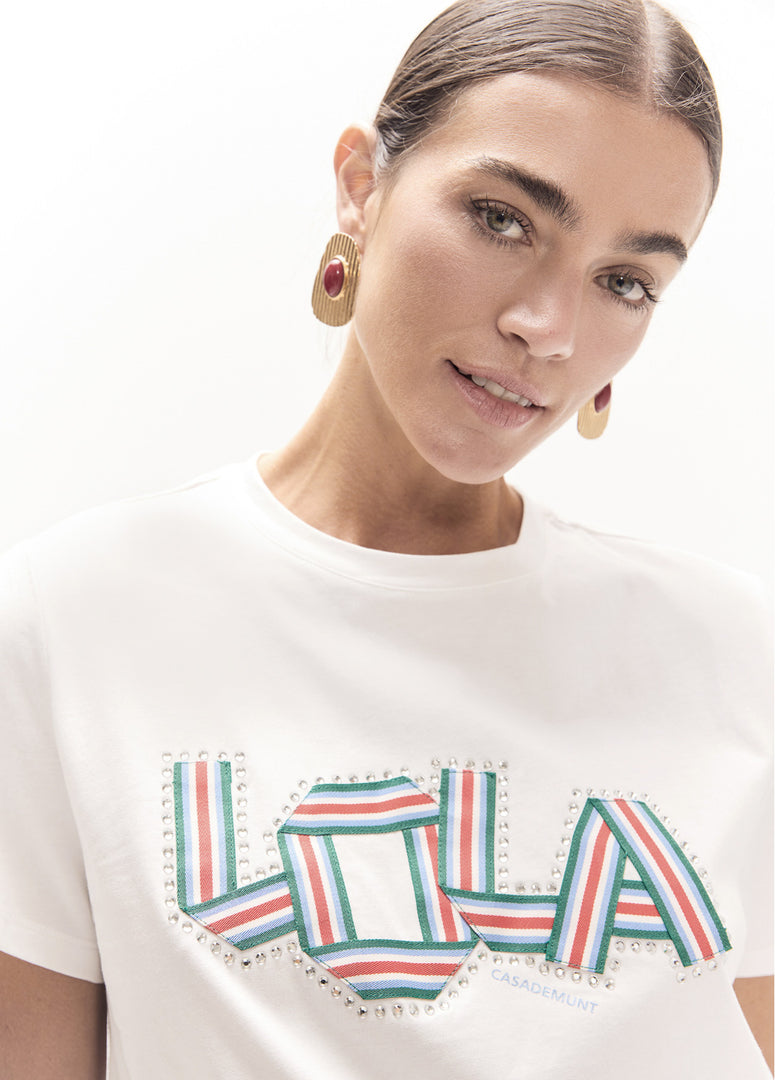 LOLA CASADEMUNT T-Shirt με Στρογγυλή Λαιμόκοψη και Crystal Λεπτομέρειες