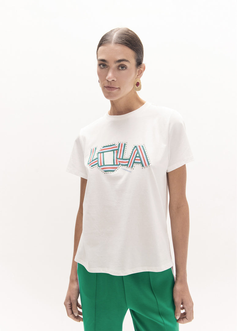 LOLA CASADEMUNT T-Shirt με Στρογγυλή Λαιμόκοψη και Crystal Λεπτομέρειες