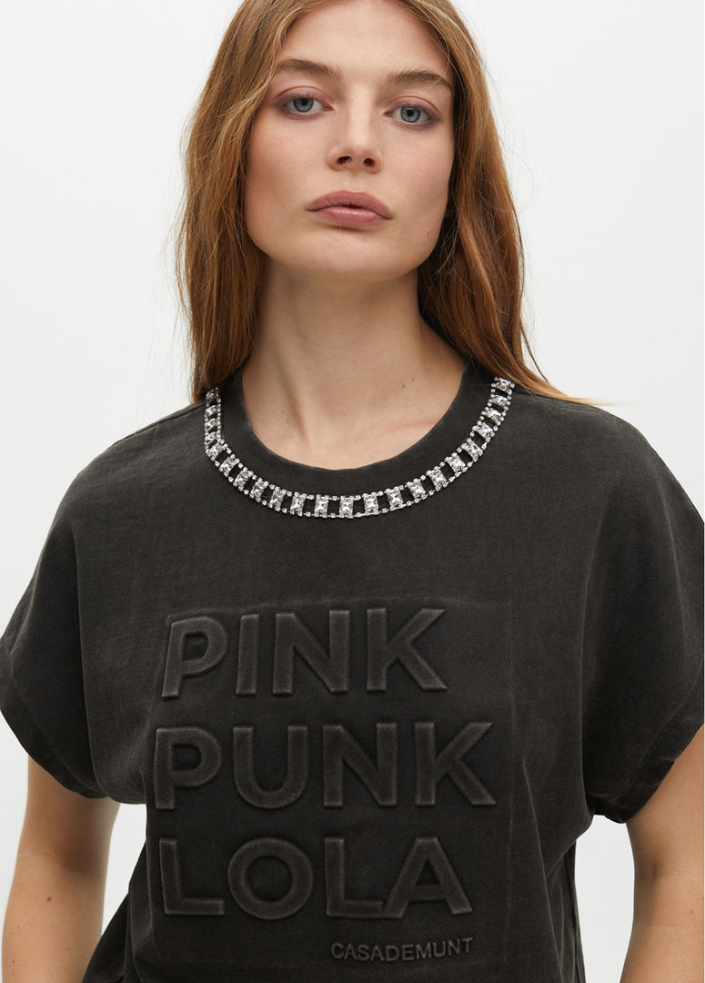 SHORT SLEEVE FADED T-SHIRT WITH RHINESTONE NECKLINE / LF2515030