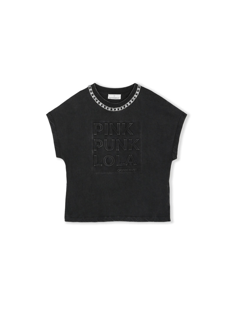 SHORT SLEEVE FADED T-SHIRT WITH RHINESTONE NECKLINE / LF2515030