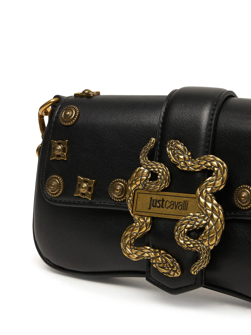 JUST CAVALLI Iconic Snakes Μαύρη Τσάντα Ώμου με Χρυσές Λεπτομέρειες /81RA4BA7ZSE07