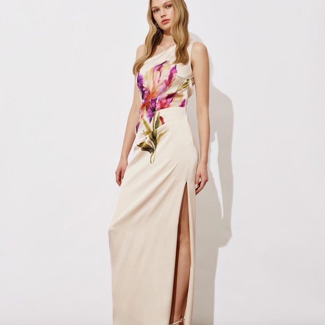 ACCESS / MAXI DRAPE FLOWER DRESS / BEIGE