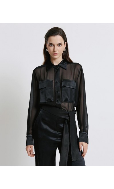 ACCESS / MUSLIN SATIN DETAILS SHIRT / BLACK / 7007-175