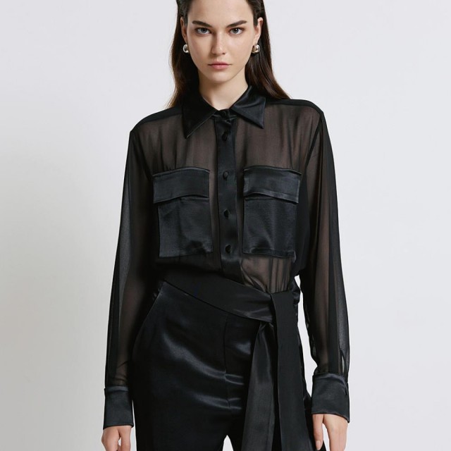 ACCESS / MUSLIN SATIN DETAILS SHIRT / BLACK / 7007-175