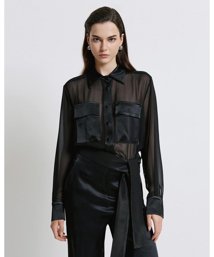 ACCESS / MUSLIN SATIN DETAILS SHIRT / BLACK / 7007-175