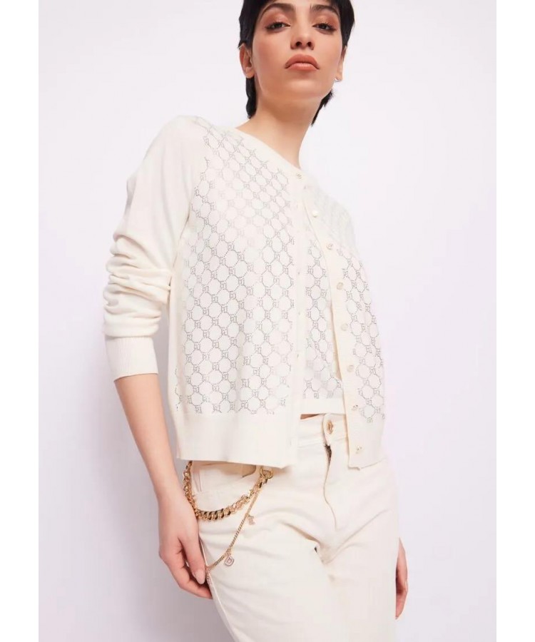 GAUDI/ WHITE CARDIGAN WITH LOGO AND STRASS/ 421BD53015