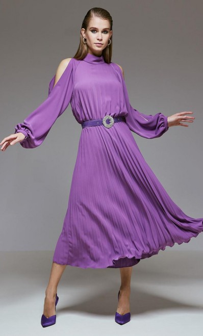 ACCESS / OPEN SHOULDERED SILKY TOUCH DRESS / PURPLE