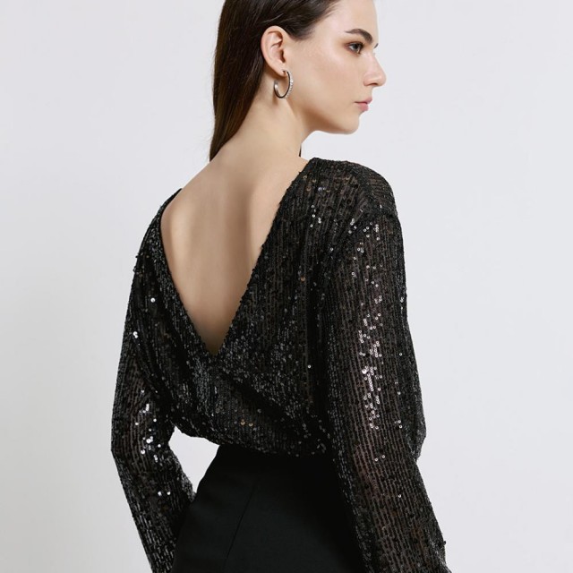 ACCESS / SEQUINS BLOUSE V BACK / BLACK / 2218-390