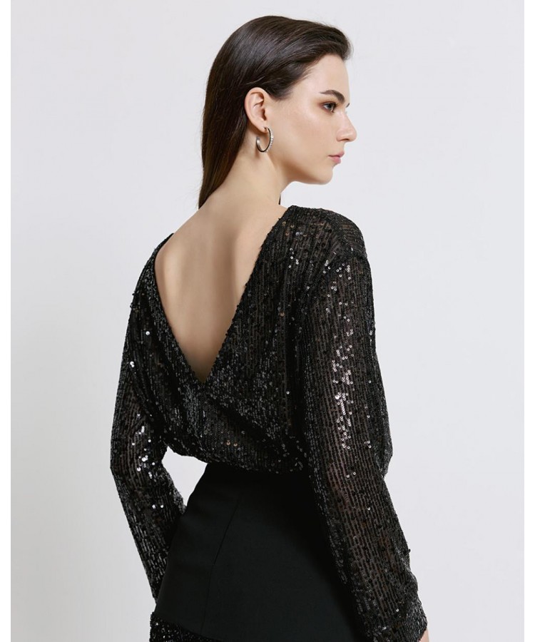 ACCESS / SEQUINS BLOUSE V BACK / BLACK / 2218-390