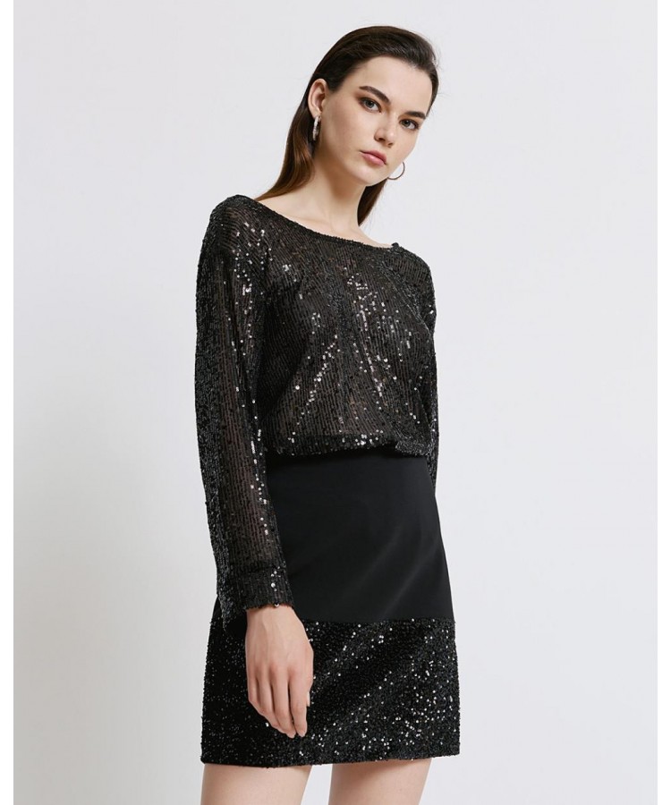 ACCESS / SEQUINS BLOUSE V BACK / BLACK / 2218-390