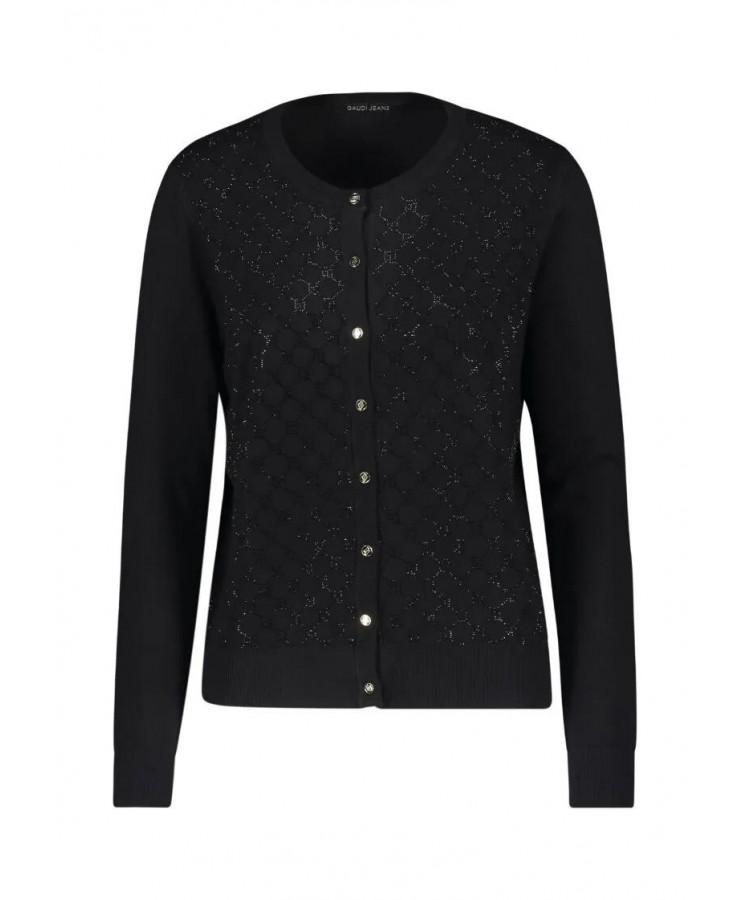 GAUDI/ BLACK CARDIGAN WITH LOGO AND STRASS/421BD53015